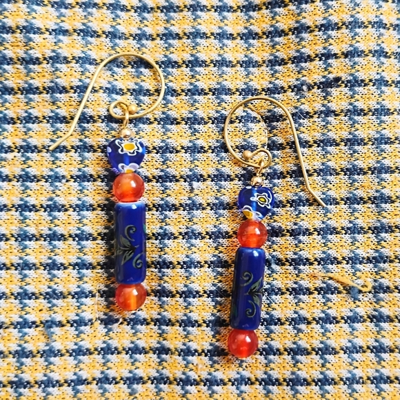 Handmade Carnelian And Millifiori Heart Vine Earrings - Picture 2 of 4